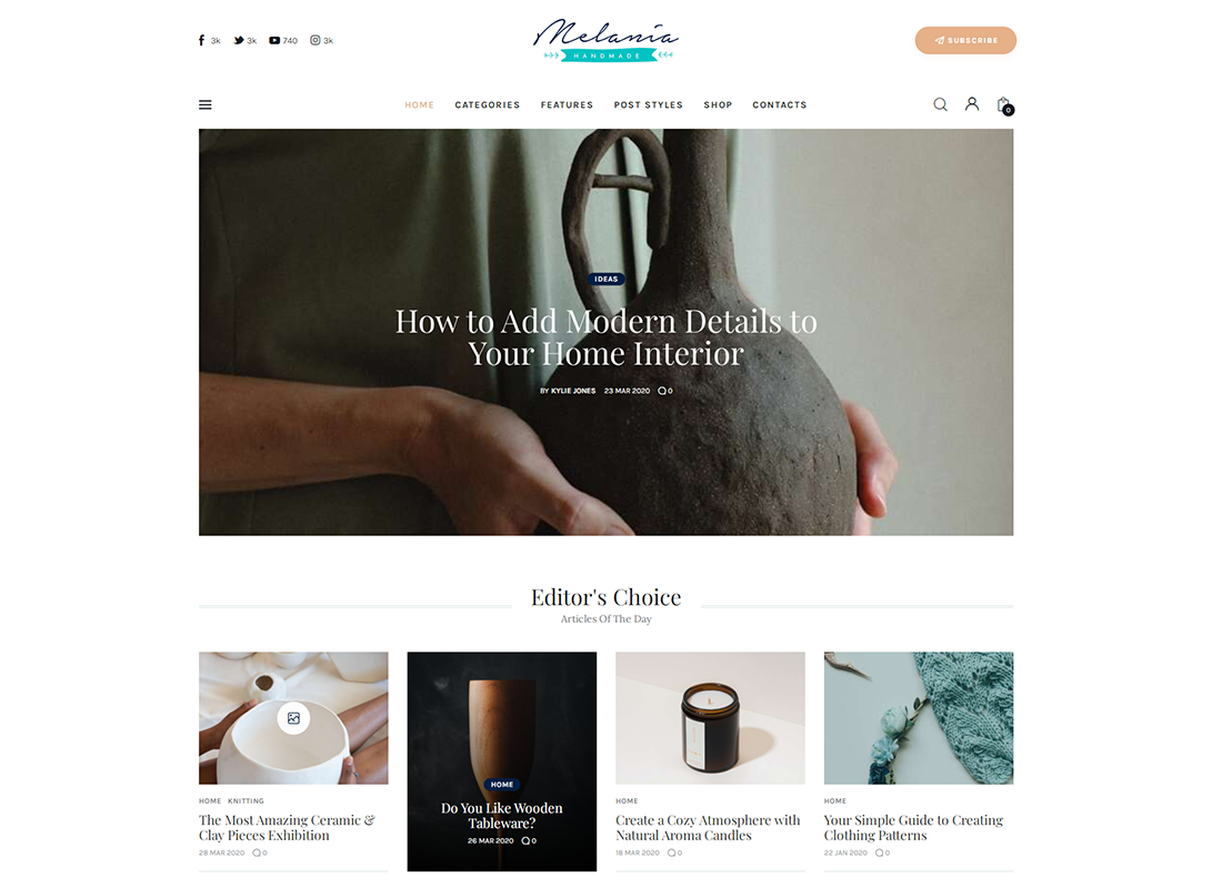 Melania | Handmade Blog & Crafts Shop Artistic WordPress Theme